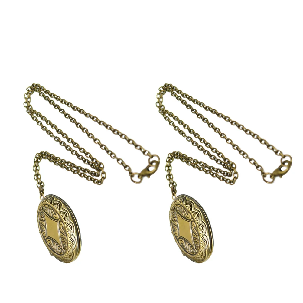 

2Pcs Bronze Oval Photo Locket Necklace for Women Keepsake Memorial Pendant Engraved Vintage Charm Jewelry