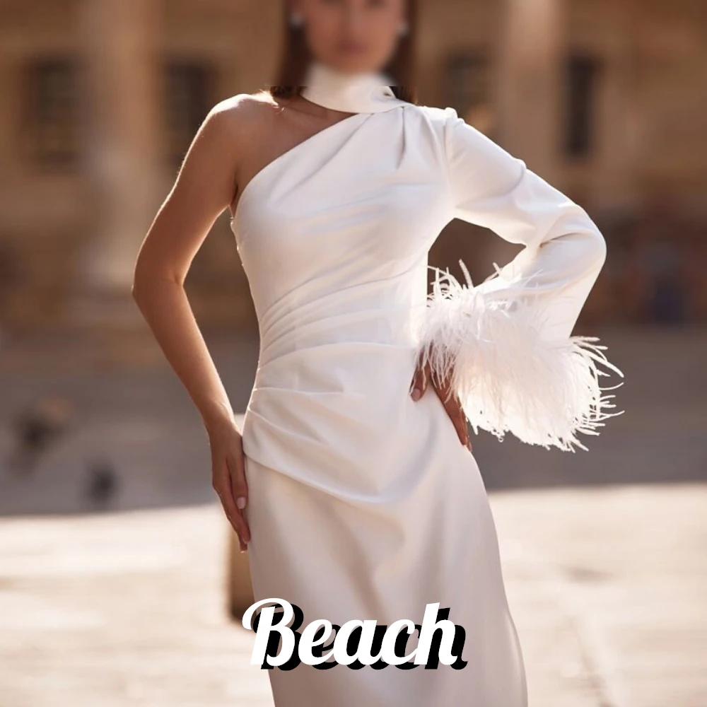 Beach Customized One Shoulder Halter Solid Color Pleats Zipper Back Side Silt Jersey Fairy Garden Wedding Dress  Ankle Length