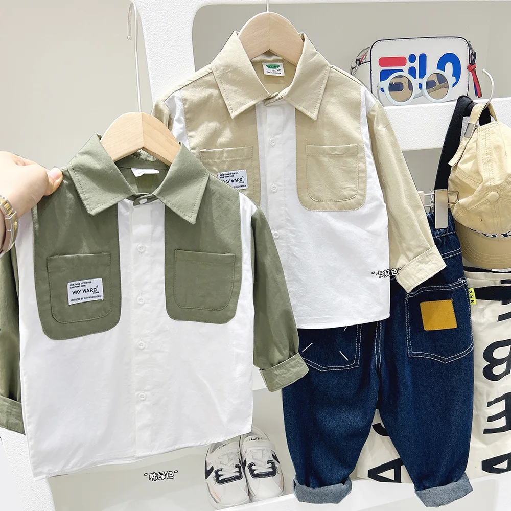 Boys' long-sleeved shirt 2024 spring and autumn new children's baby autumn lapel matching color casual wear shirt tide