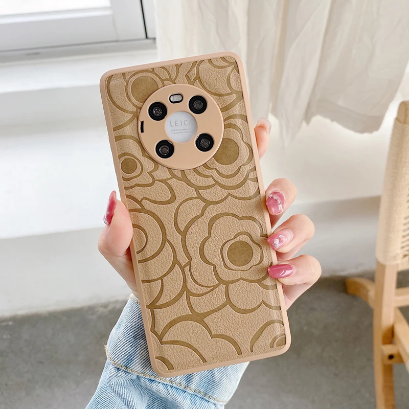 Camellia Blossom Phone Case for Huawei Mate 40 30 Pro P50 P40 P30 Flower Soft Leather Shockproof Back Cover Fashion Luxury Women