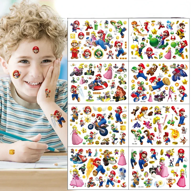 Super Mario Tattoo Stickers Waterproof Cute Mario Sticker Cartoon Kids Girls Christmas Birthday Gift Reward Toy Paster