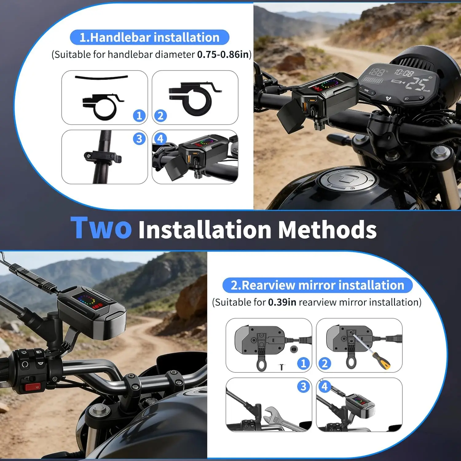 Motorcycle USB Charger, Retractable Type-C & Dual USB Fast Charging, 3-in-1 SAE to USB Adapter, Waterproof for Bike, ATV, UTV 5