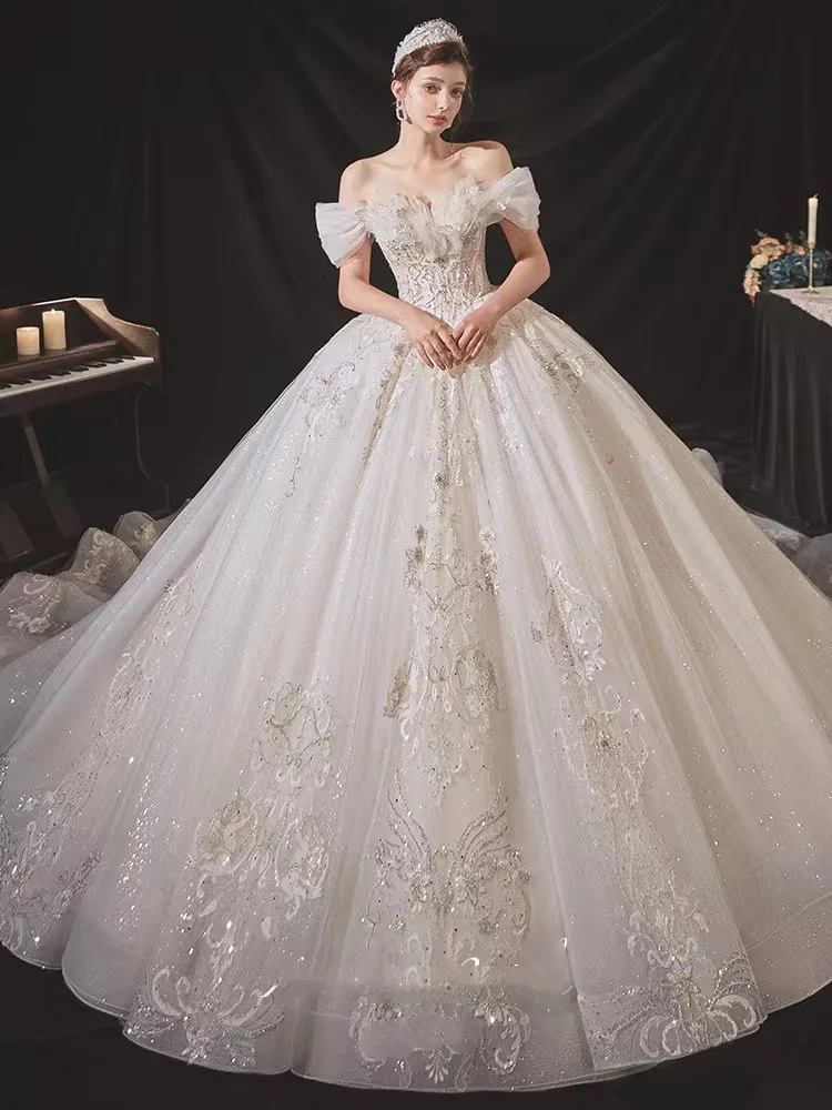 Vestido de novia de estilo francés para mujer, prenda elegante con cola grande, cuello de barco, corte de banquete, Princesa, 2022