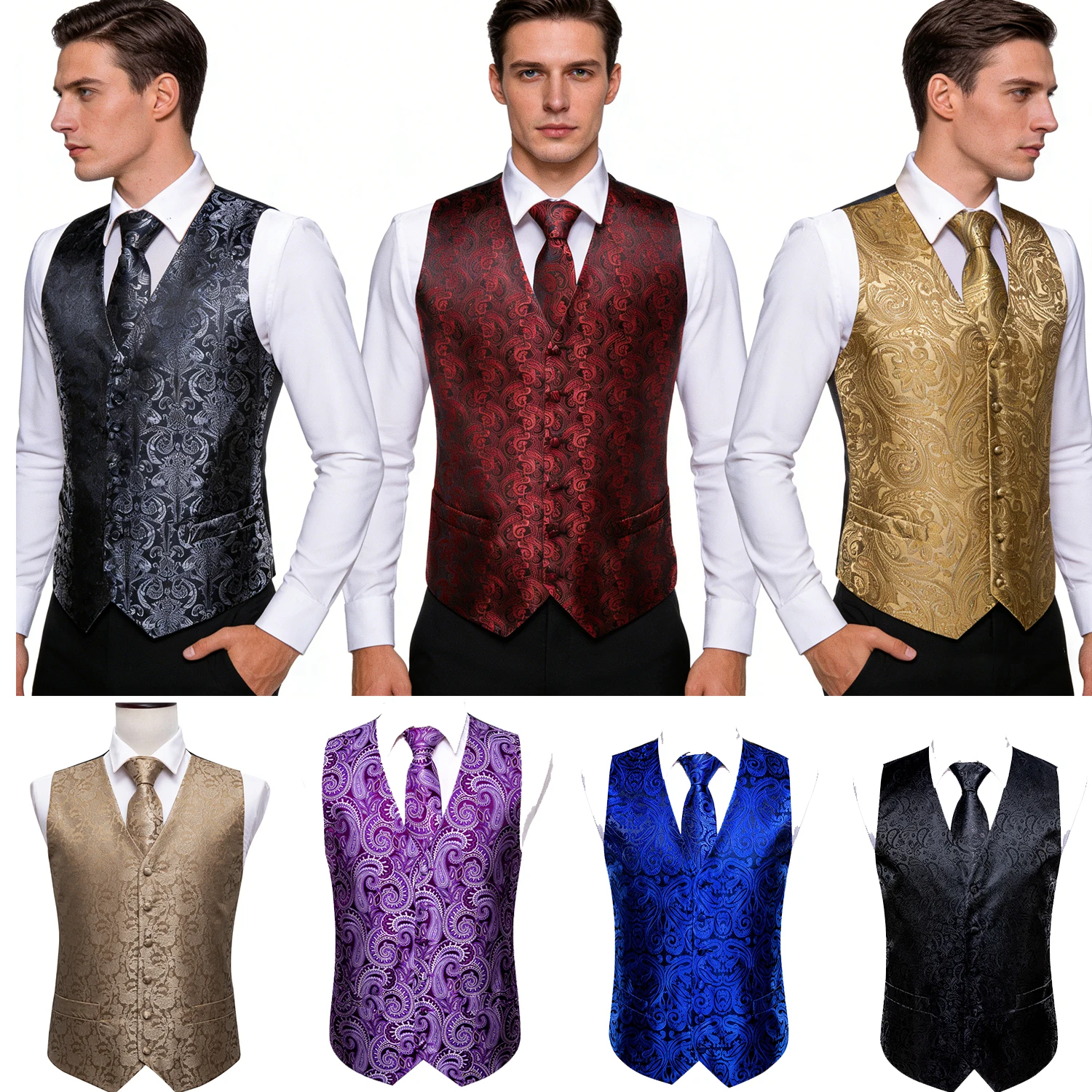 

Мужской комплект: черный жилет, фиолетовый галстук, платок и запонки – идеальный наряд для свадеб, мероприятий, вечеринок, в подарок