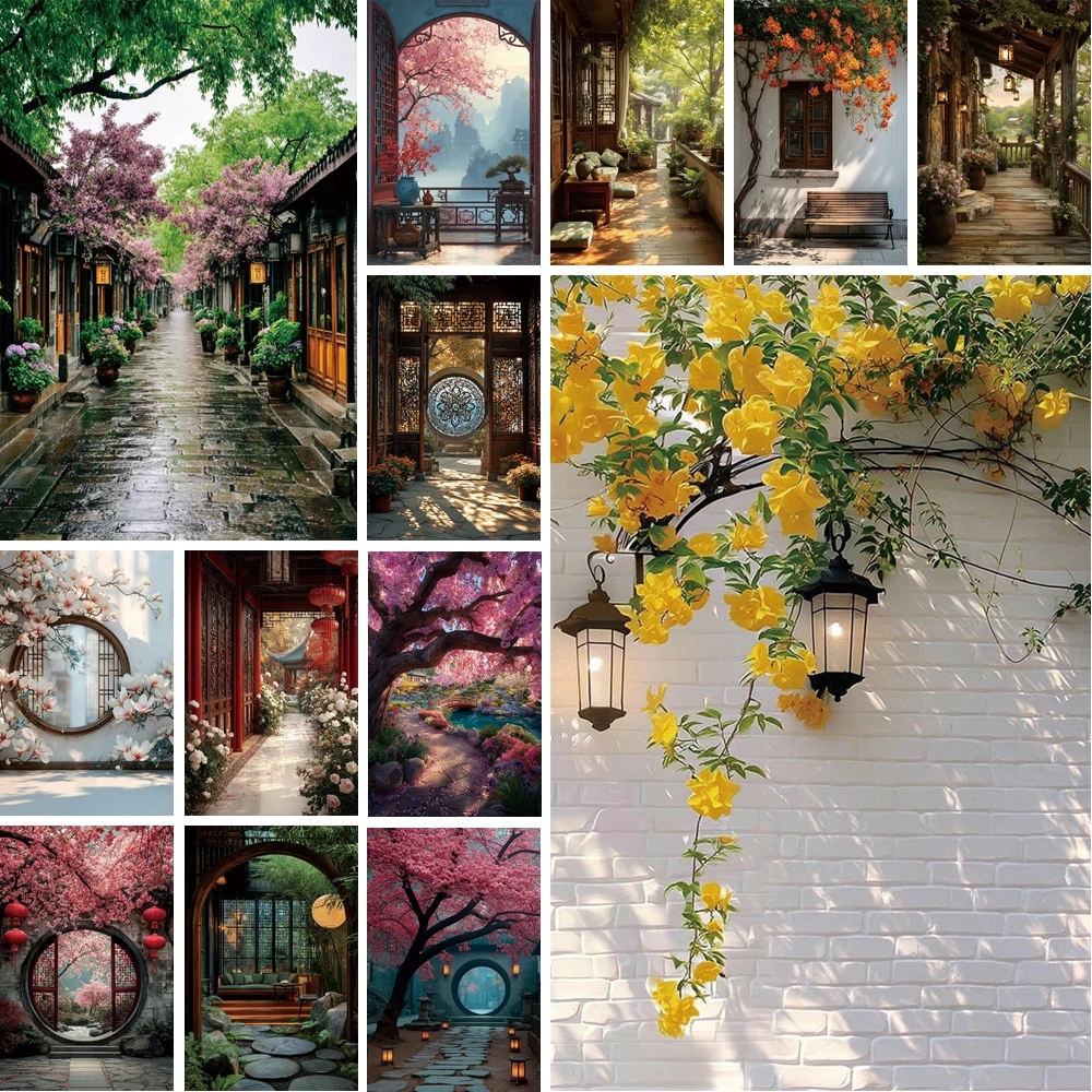

MOON.QG Ancient Alley Background Oriental Courtyard Rural Flower Trees Backdrop Photography Portrait Photo Studio Party Props