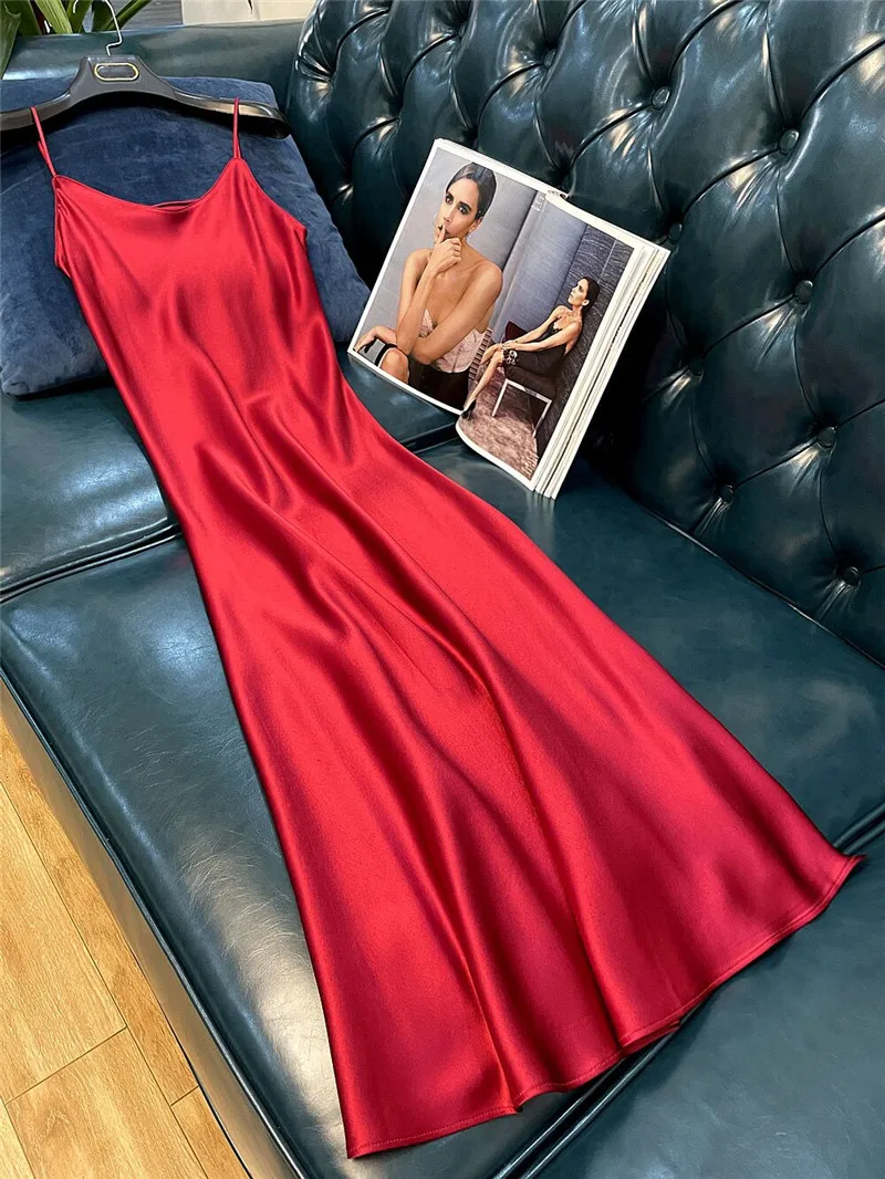 Women Slip Dress Satin Sleeveless V-Neck Solid Silk Elegant Vintage Lady 2026 Summer Female Long Spaghetti Strap Dresses Vestido