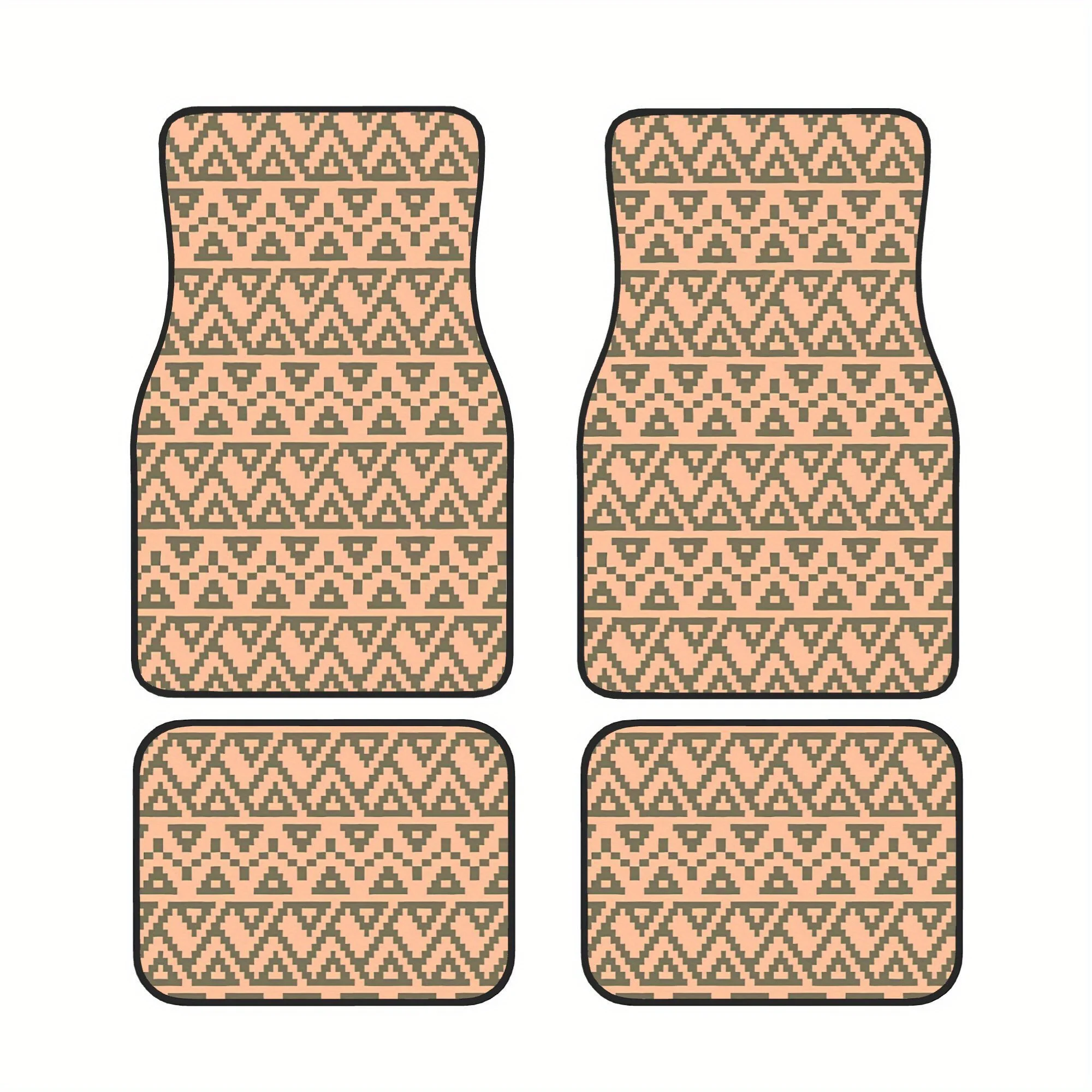 A Set Of Four Vehicle Mats Featuring Beige, Tan, And Brown Zigzag Triangle Tribal Art Inspired By Ancient African Glyphs, Design