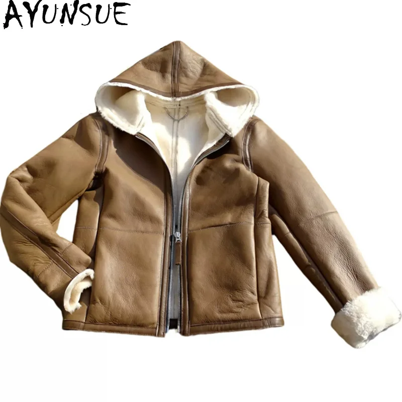AYUNSUE Luxury Natural Fur Coat Man Hooded Winter 2026 High Quality Sheepskin Genuine Leather Jacket Men Clothing Warm Fur Coats