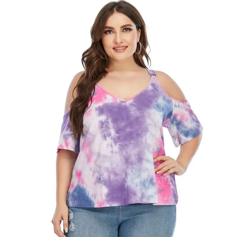 

Summer plus Size Women's Tiedye Ink Spla Vne Tirt Cotton 00% Printed Design Casual Ladies' Top Spring