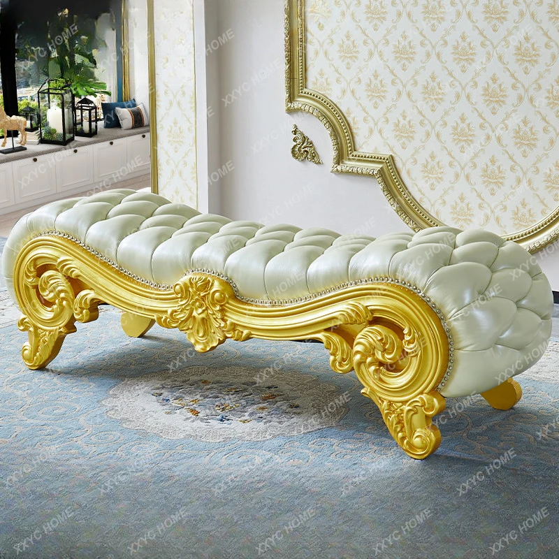 European-Style Bed End Stool Bedroom Solid Wood Leather Villa Stool Log Bed Front Stool Bed