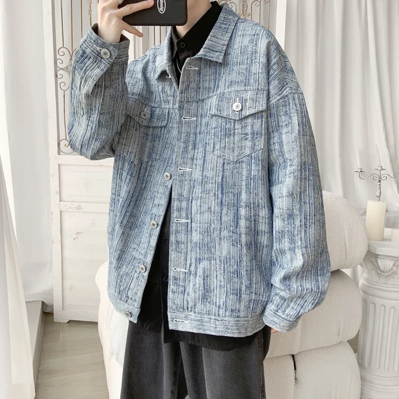 

Japan Vintage Contrast Color Strpied Jean Jacket Men Streetwear Fashion Loose Mens Denim Jacket 2025 Plus Size 5xl Men Clothing