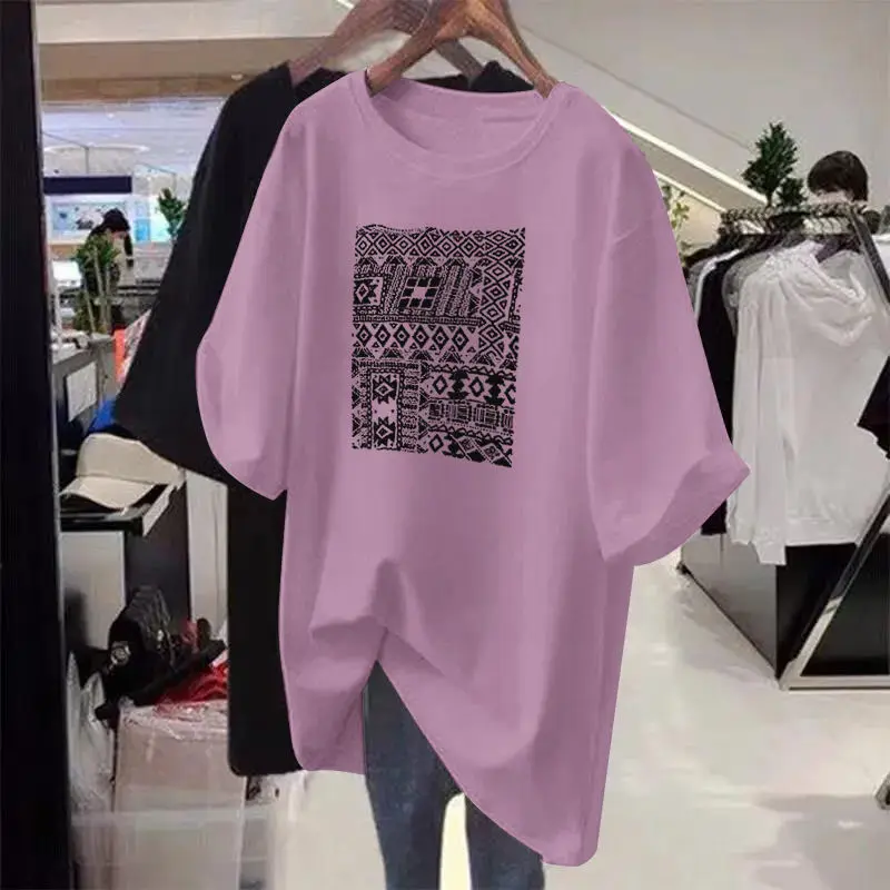 Women's Pullover Summer Short Sleeve Round Neck Geometric Printing T-shirt Casual Loose Office Lady Preppy Style Midi Tops