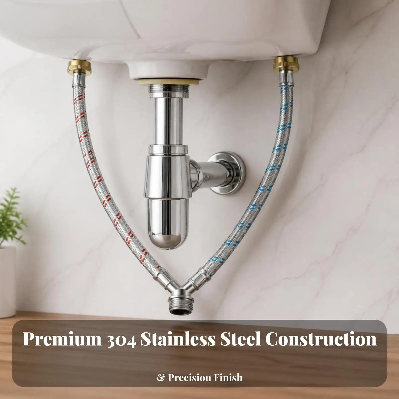 Stainless Steel Braided Laundry Mixing Valve Two Inlet Hot Cold Water Hose for Utility Room Leak Resistant