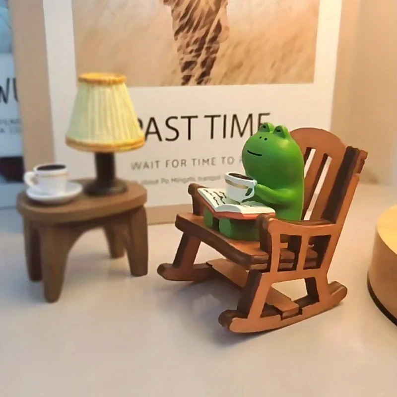 Miniature Frog Statue Cute Mini Frog Resin Figurine Rocking Chair Design with Book Coffee Indoor Home Bedroom Office Decoration