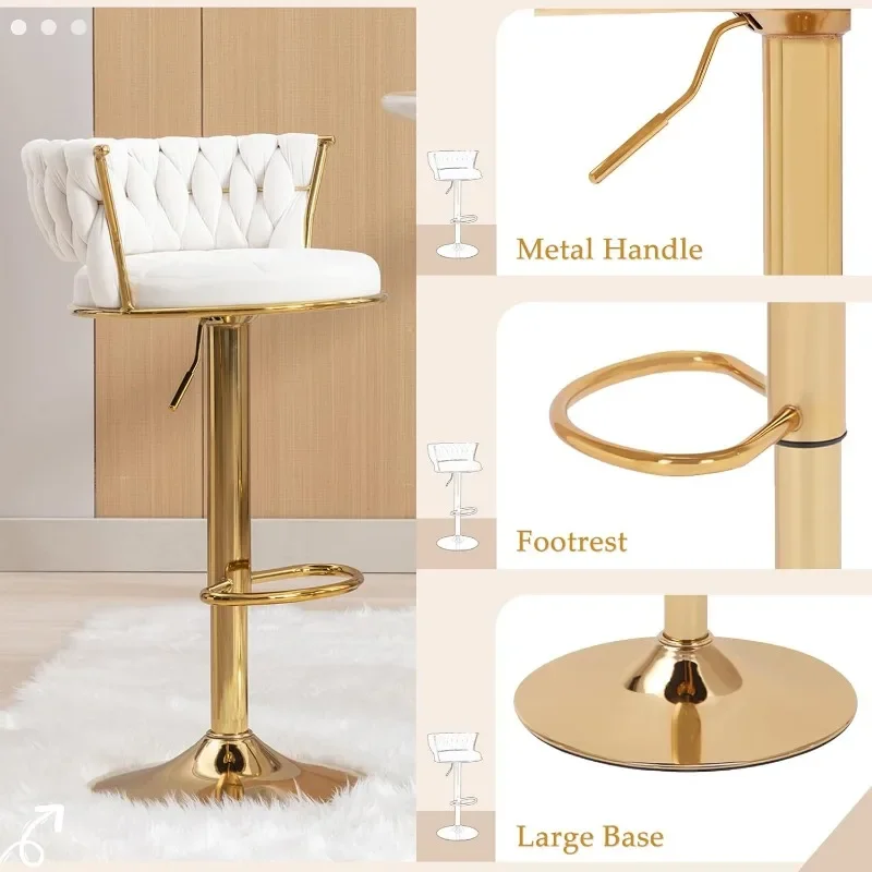 Adjustable  360° Swivel Bar Stools Set of 2, with Back and Arm, Velvet Woven Kitchen Island Stools w/Gold Metal Leg & Base,White