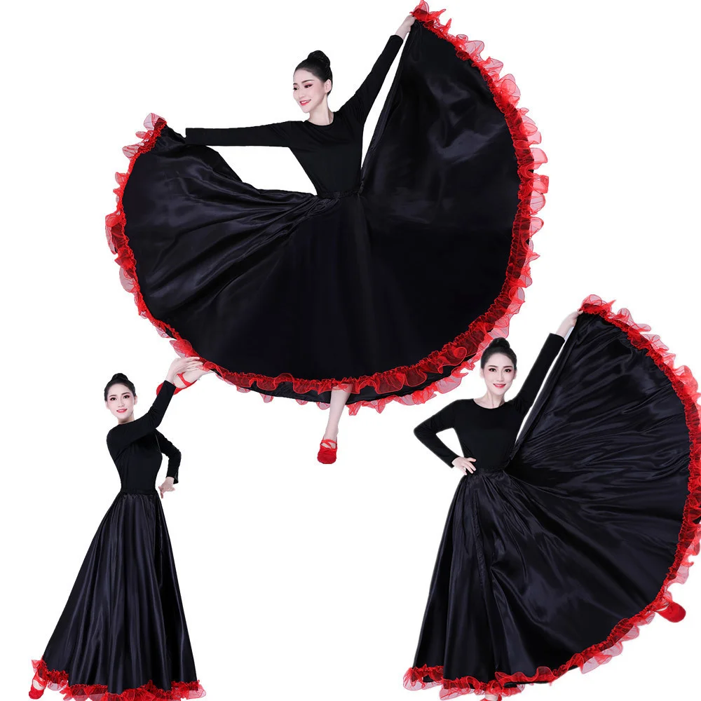 Gonna lunga da donna in raso a strati neri rossi per danza del ventre di flamenco spagnolo Gypsy Mexico Ballet Folklorico Performance Costume