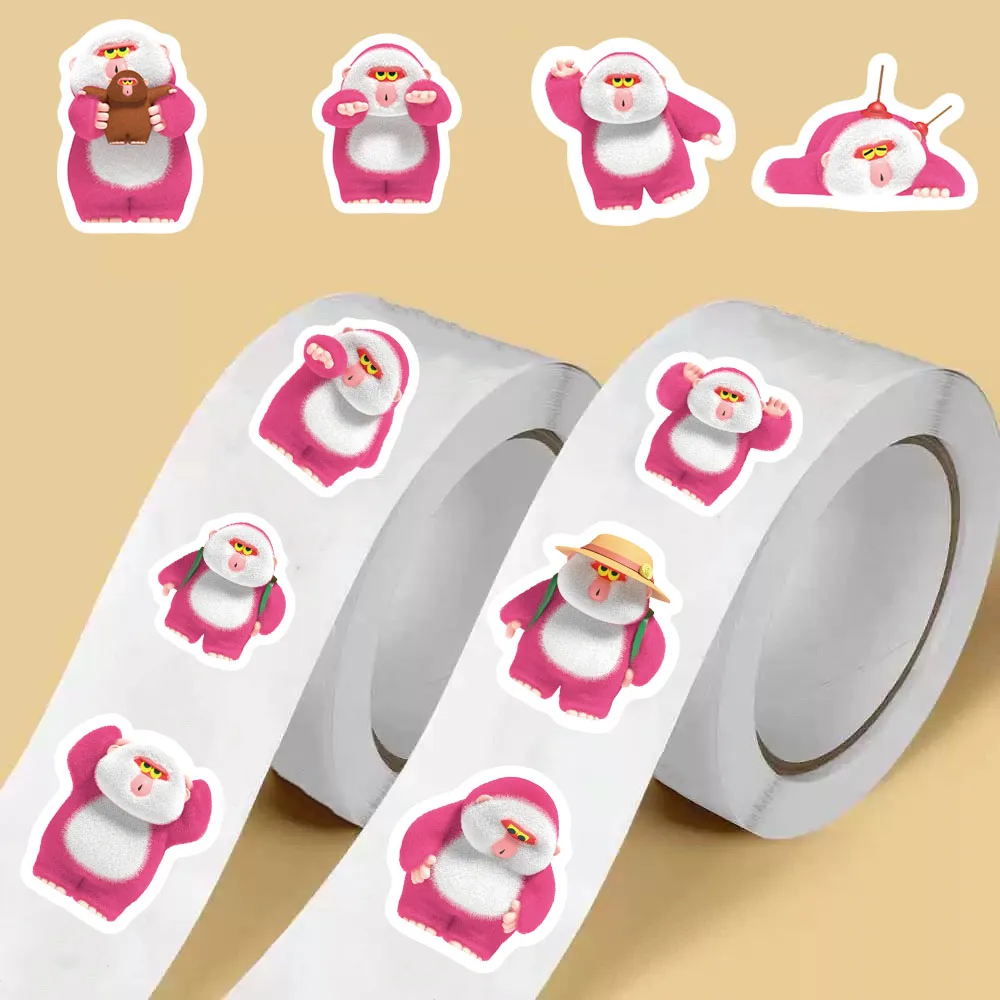 500PCS Cute pink monkey Roll Sticker Harauku Creative Casual Living Room Stationery Bicycle Coffee Cards Skateboard Stickers