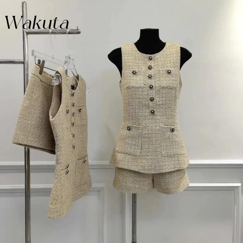 WAKUTA Vintage Round Neck Sleeveless Single Breasted Small Fragrance Sets Women\'s Yazhu Pian Vest Short Two Piece Matching Sets