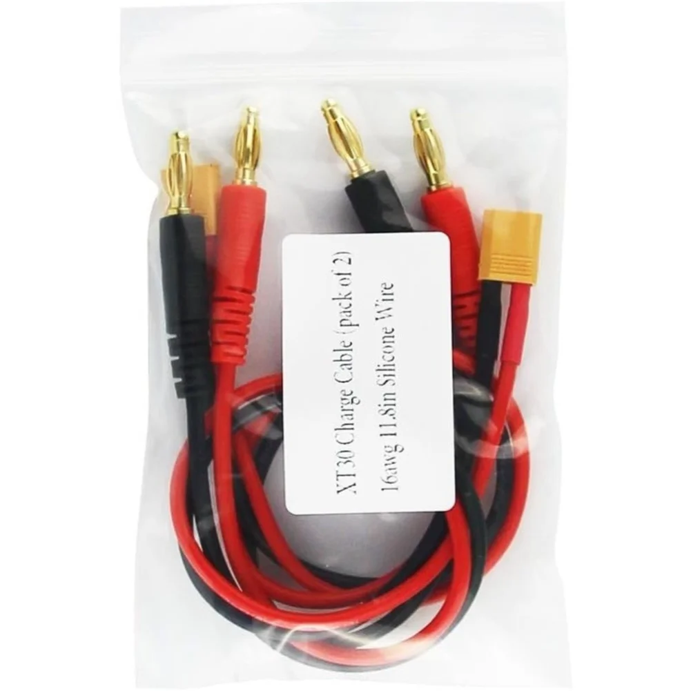 

Комплект из 2 силиконовых проводов 16AWG для подключения аккумулятора XT30 к 4-мм банановому разъему, 30 см, кабель для зарядки радиоуправляемых моделей квадрокоптеров и лодок