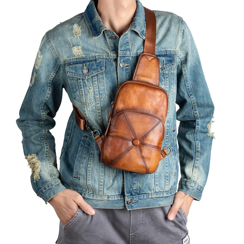 Cowhide Leather Men's Chest Bag Pack Casual Genuine Leather Messenger Shoulder Bag Trendy Men Crossbody Bags Vintage Travel Bags