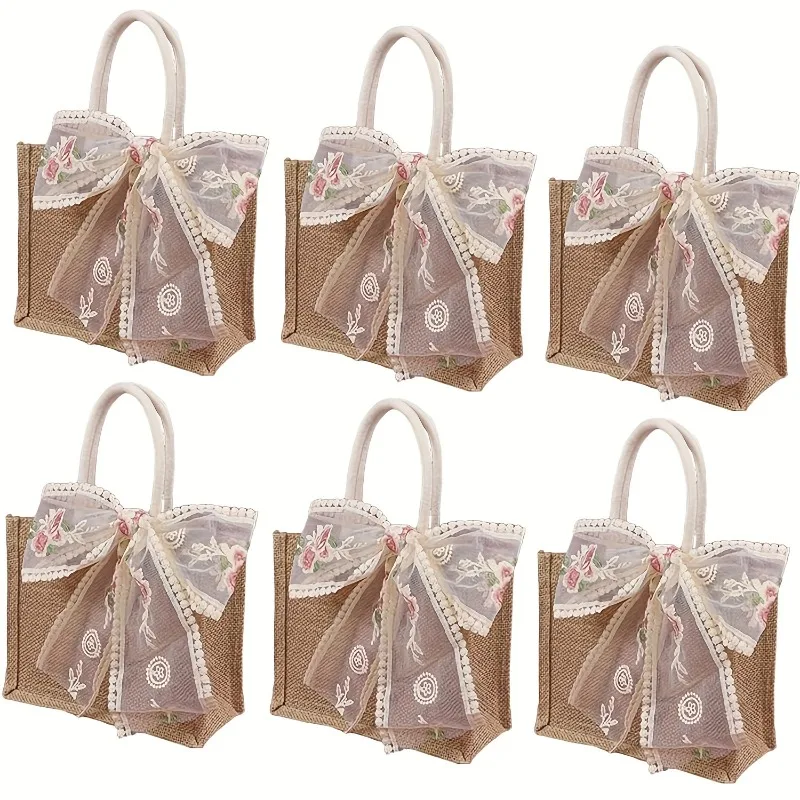 6PCS Natural Jute Tote Bag Handmade Drawstring Shopper - Reusable Cotton Linen Fabric Gift Pouch for Beach Wedding Favors