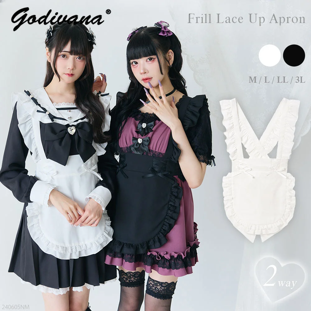 

Japanese Mine Frill Ruffled Cross Lace-up Apron Girl Women's Cute Black and White Maid Apron Accessories Bow