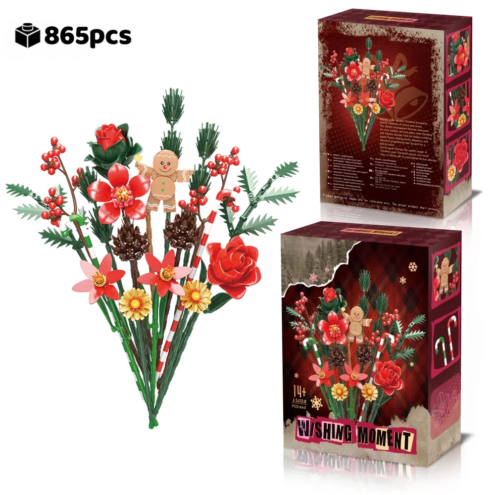 

FUNXINEE 865Pcs Christmas Building Blocks Gift Set Bouquet Roses Gingerbread Dolls Desktop Decor Romantic Present For Girls