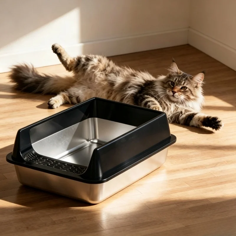 Caixa de Areia para Gatos em Aço Inoxidável, Design Semi-Fechado Anti-Splash e Anti-Vazamento com Tampa Removível, Bandeja Espaçosa para Gatos Grandes