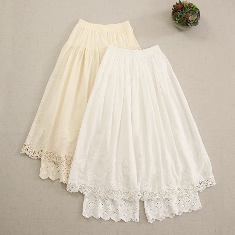 

Japanese Sweet Mori Girl Fake Two-Piece Hollow Out Embroidered Skirt Pants Women Spring New Elastci Waist Casual A-Line Skirts