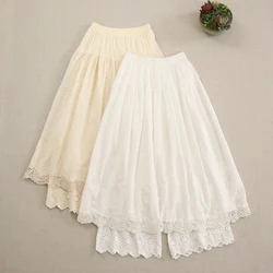 Japanese Sweet Mori Girl Fake Two-Piece Hollow Out Embroidered Skirt Pants Women Spring New Elastci Waist Casual A-Line Skirts