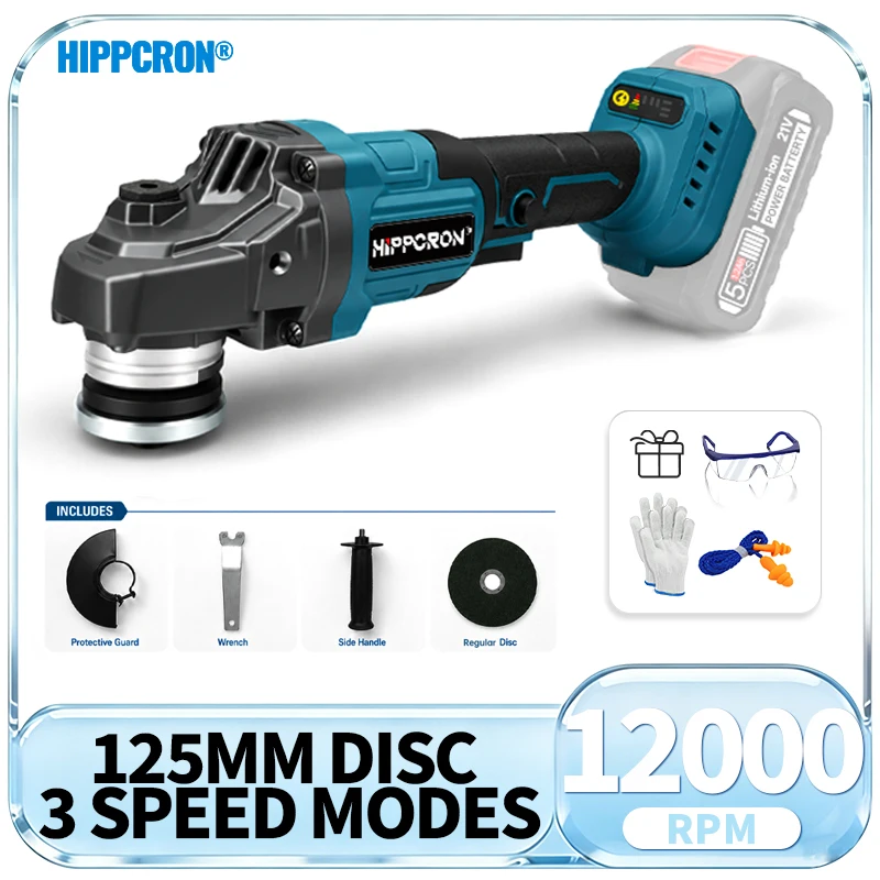 HIPPCRON 125mm Brushless Angle Grinder 3 Gears Cordless Grinding Machine Cutting Woodworking Tools For Makita 18V (NO Battery)