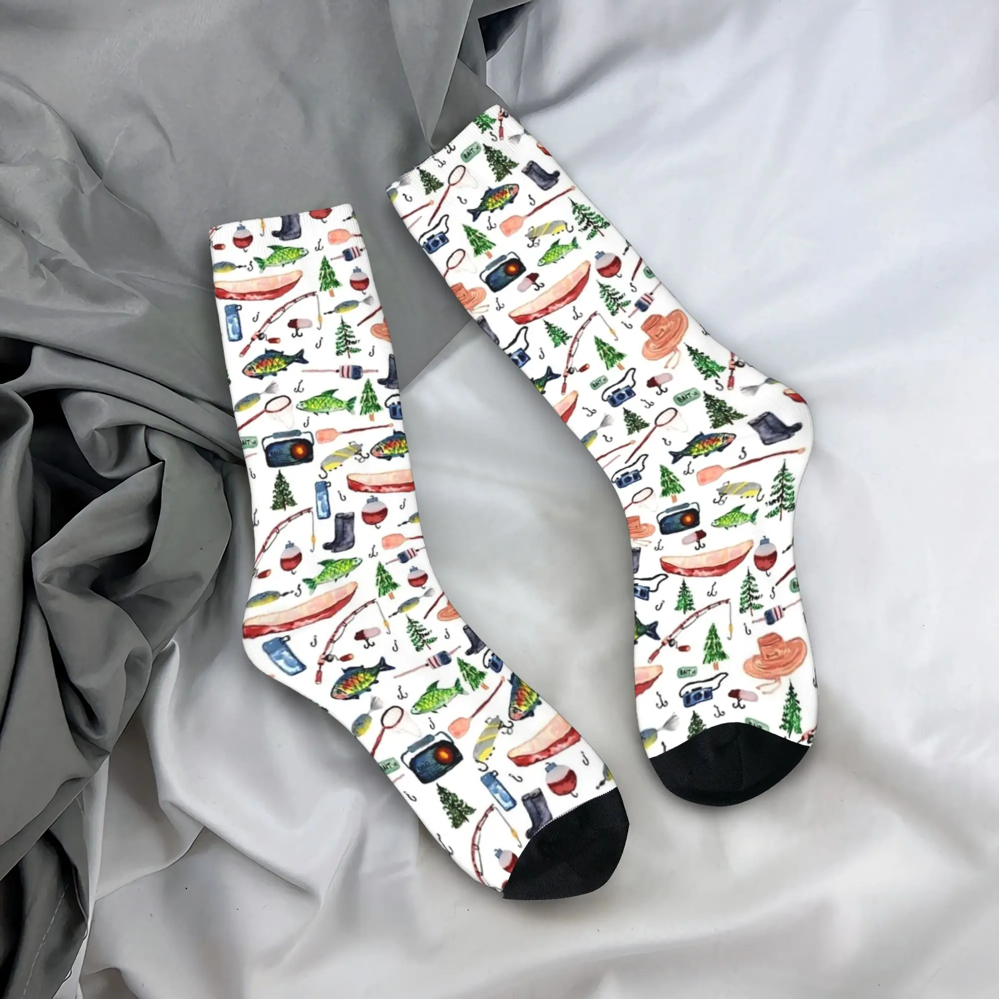 Fish Bait Socks Colorful Printed Fish Fishing Pattern Vintage Stockings Men Breathable Outdoor Socks Winter Non Skid Socks
