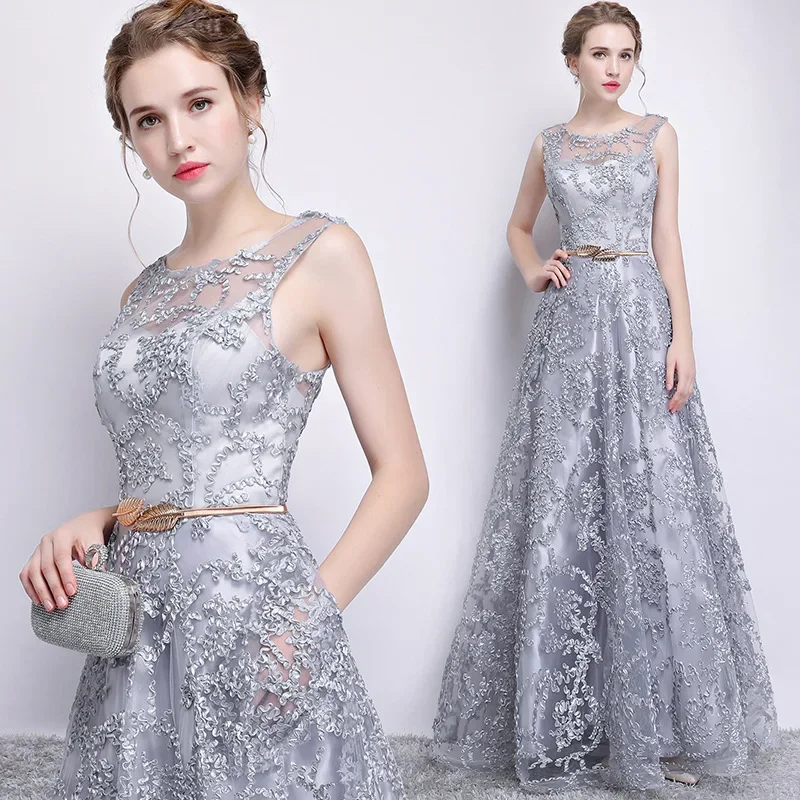 

Banquet Evening Dress, 2025 New Silver Palace Style, Round Neck Slim Fit, Slimming Dress, Long Host Business Dress