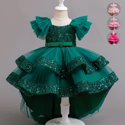 Spring and Summer Girls' Sequin Bow Flying Sleeve Flat Cloth Trailing Mesh Princess Dress Birthday Party Piano Performance Dress