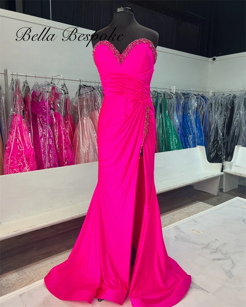 

Fuchsia Sweetheart Evening Dress Beaded Crystal Birthday Party Gown Pleats Slit Birthday Prom Dresses فساتين سهره فا Customized