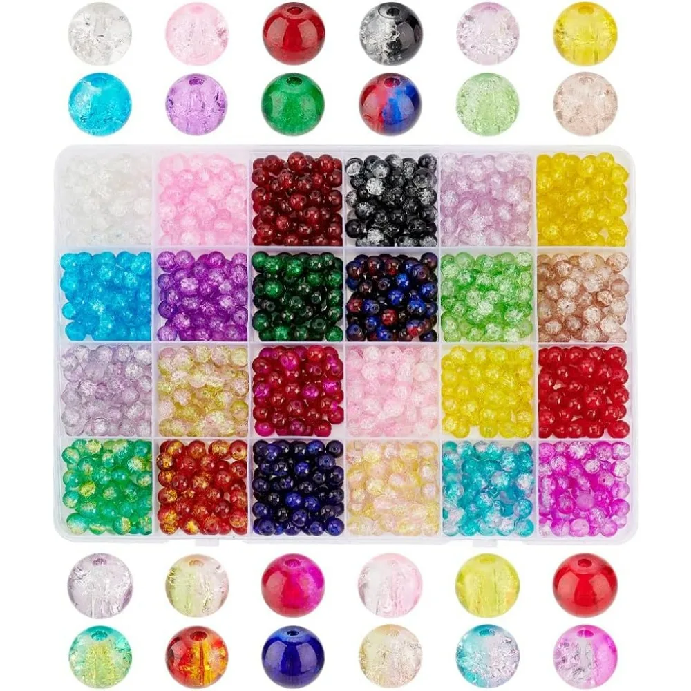 1080pcs Crackle Glass Beads, 24 Colors 6mm Lampwork Crystal Bead Round Loose Beads Handcrafted Bracelet Beads for Summer