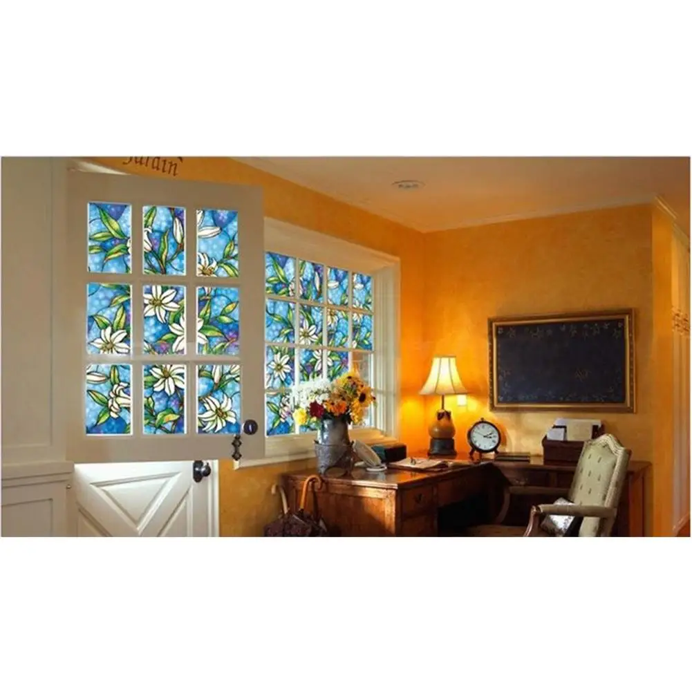 Pvc Painted Orchid Pattern Electrostatic Glass  Film Colorful Printing Glue-free Window Sticker Protection Seamless Window Stick