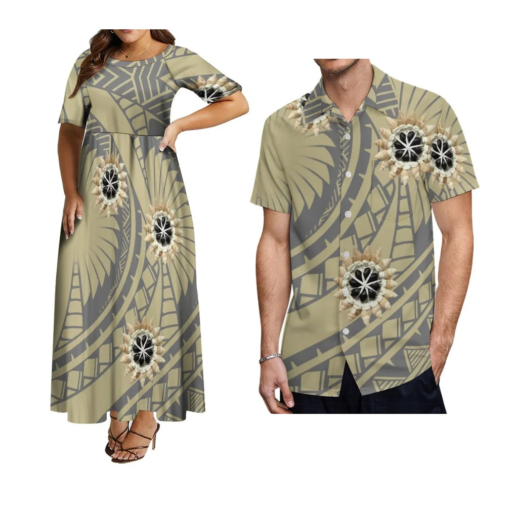 Summer Women'S Short-Sleeved Crew-Neck Long Polynesian Samoa Birthday Party Dress Couple Suit Hawaiian Men'S Aloha Shirt