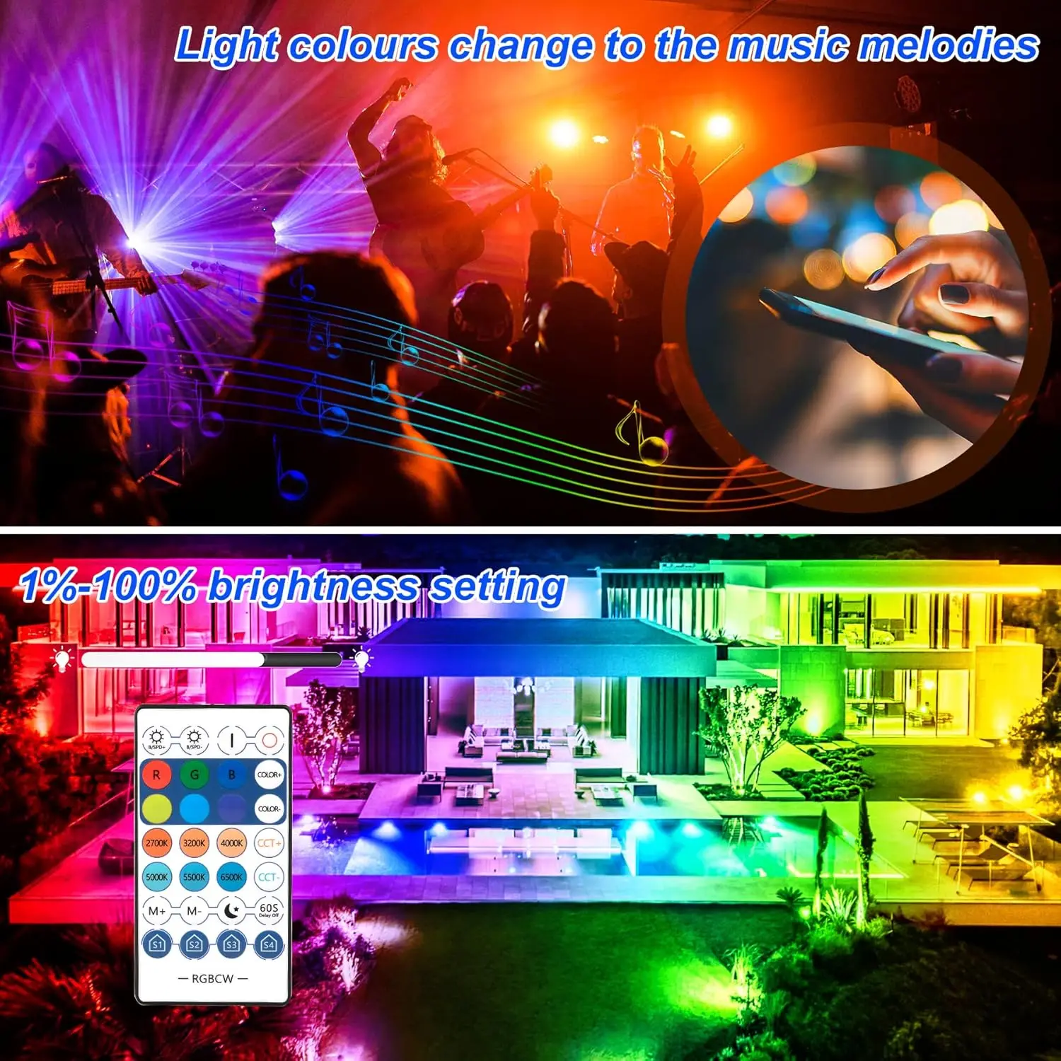 RGB LED Flood Light 100W Outdoor Garden Spotlight with Remote Control IP66 Dimmable Color Changing Projectors for Yard Party
