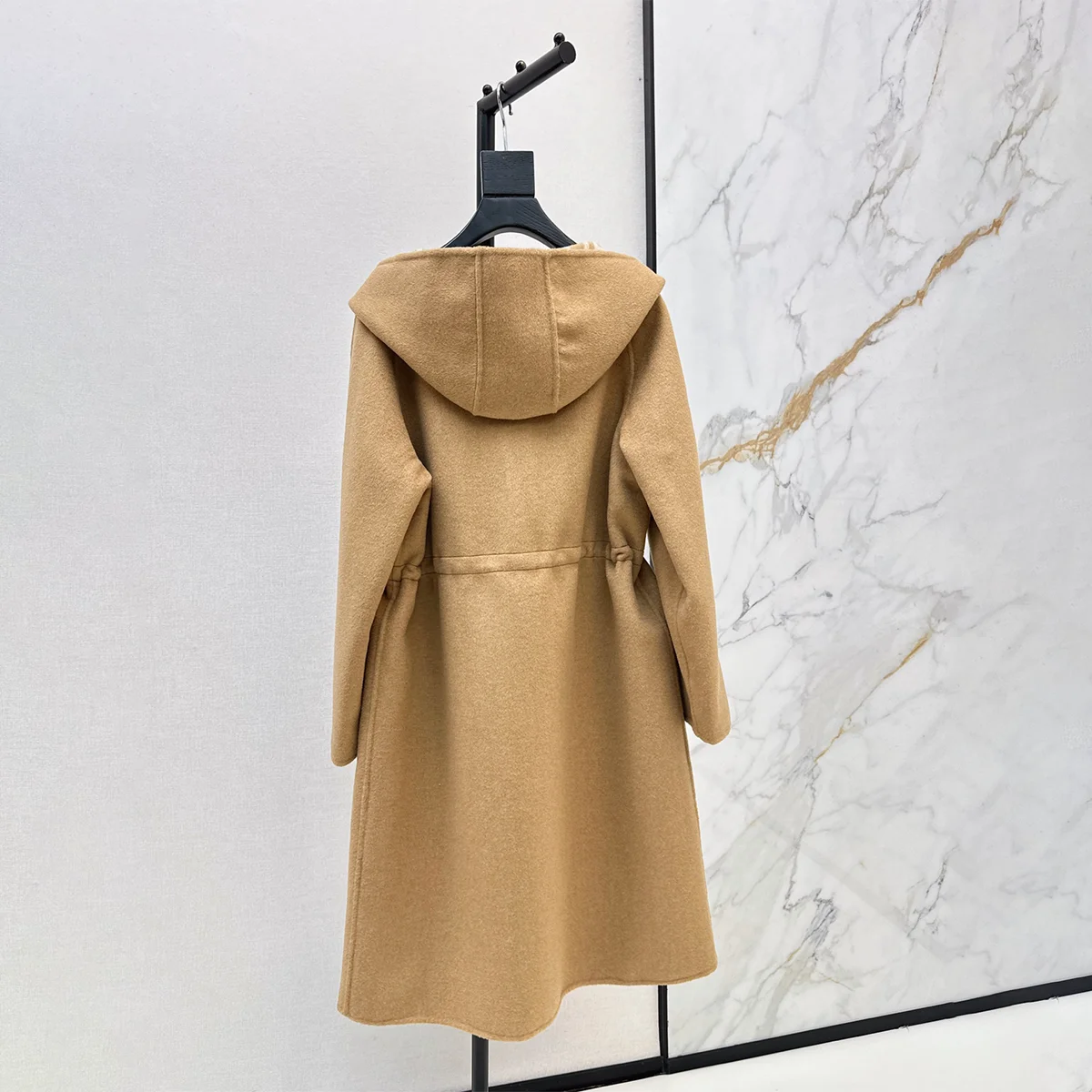 2026 high-quality women's hooded drawstring waist cinched mid length woolen coat--hb811