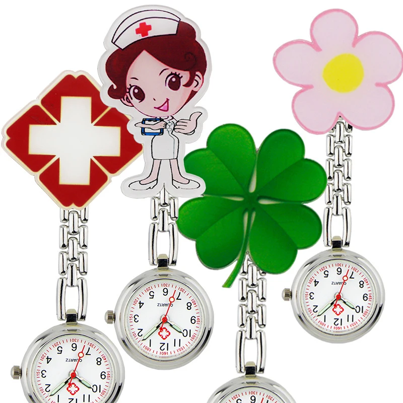 5pcs-cartoon-clip-on-fob-pocket-watch-luminous-hands-cute-hanging-clock-clothing-accessory-for-children-students-nurses