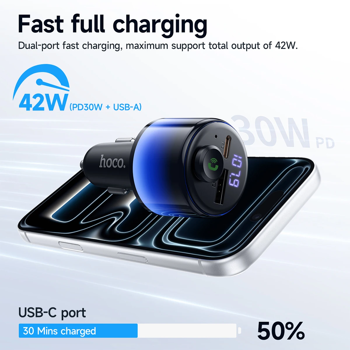 HOCO PD30W QC3.0 Samochodowy Bluetooth 6.0 FM Transmitter Zestaw Głośnomówiący Odtwarzacz MP3 Muzyka 360 Stopni Kolorowe Oświetlenie Ambientowe Zapalniczka Samochodowa — zdjęcie produktu 2