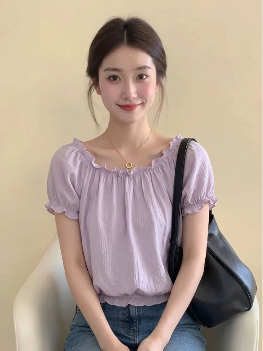 Purple Ruffle Collar Bubble Sleeve Short Sleeve T-Shirt Women's Summer New Unique Anti-Aging Top French Style Loose Fit High ...
