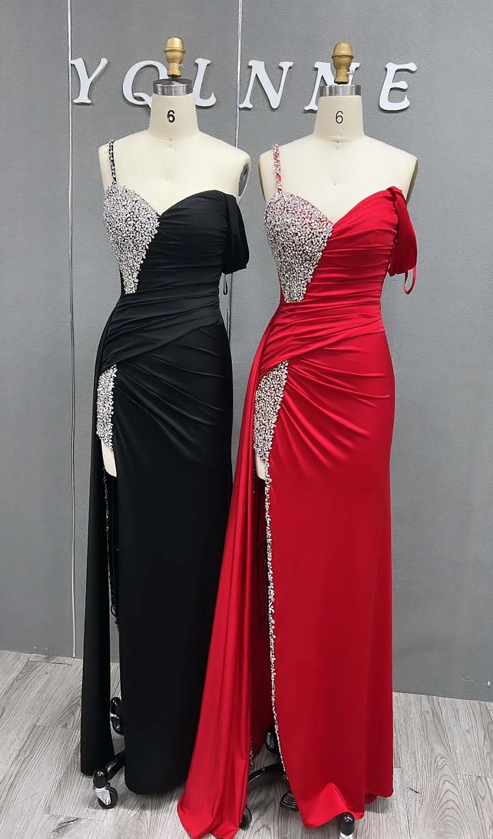 Luxury Black Rhinestones Long Prom Dresses High Slit Knitted Formal Evening Party Gown Mermaid Vestido de Gala