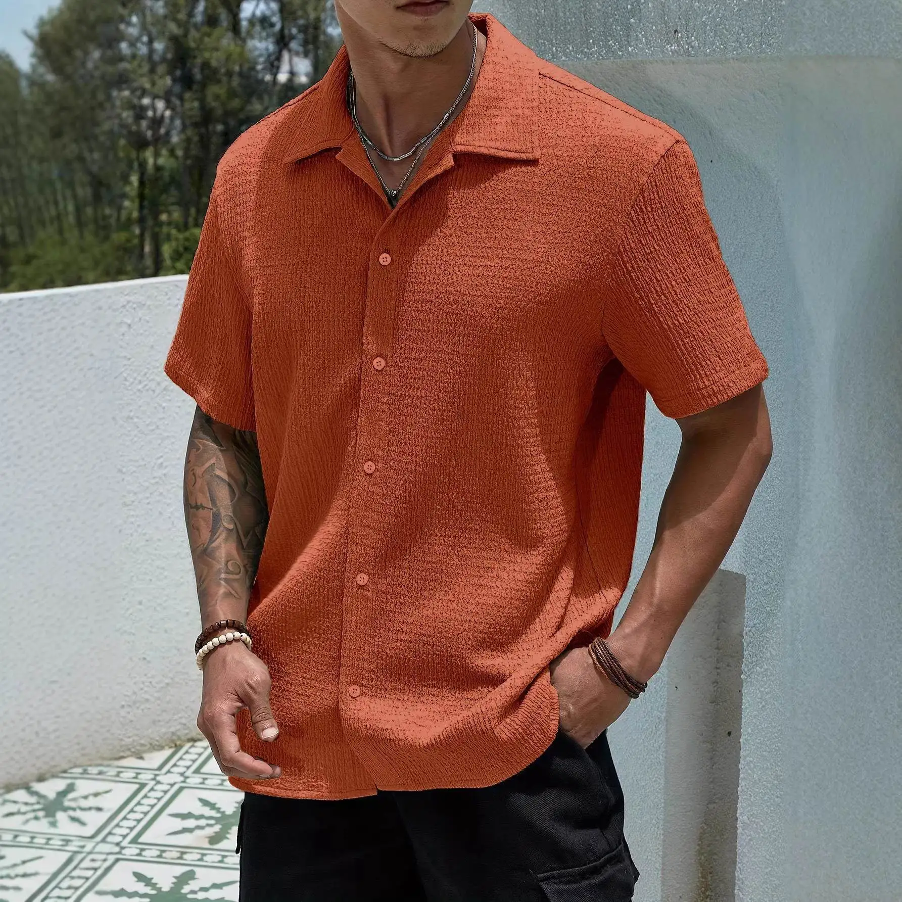 

Men's Casual Short Sleeve Collared Shirt Vintage Versatile Holiday Wear Resistant to Deformation Summer 2015 Pure Color