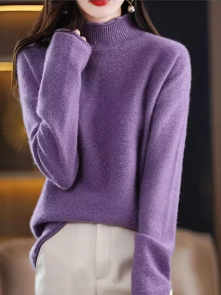 Autumn Winter New Woolen Sweater Women Half High Collar Jumpers Solid Warm Cashmere Woman Sweater Casual Knitted Basic Pullovers