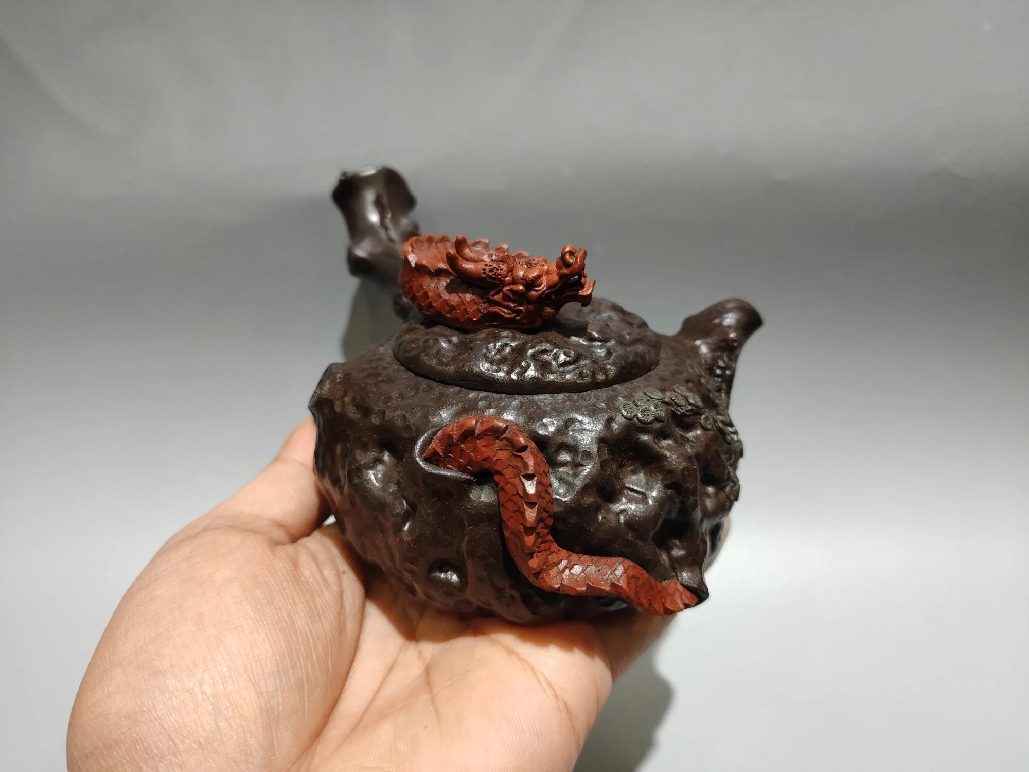 Old Chinese Handicraft Enameled YiXing Zisha (red stoneware)Teapot,Penetrating cloud dragon style teapot,with mark,Free shipping