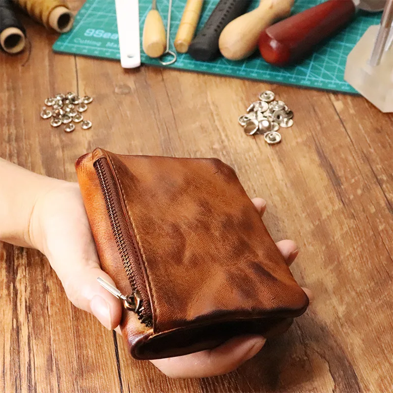 Handmade Vegetable Tanned Leather Cowhide Wallet Vintage Old Youth Student Wallet Silver Bag Vertical Multifunctional Wallet