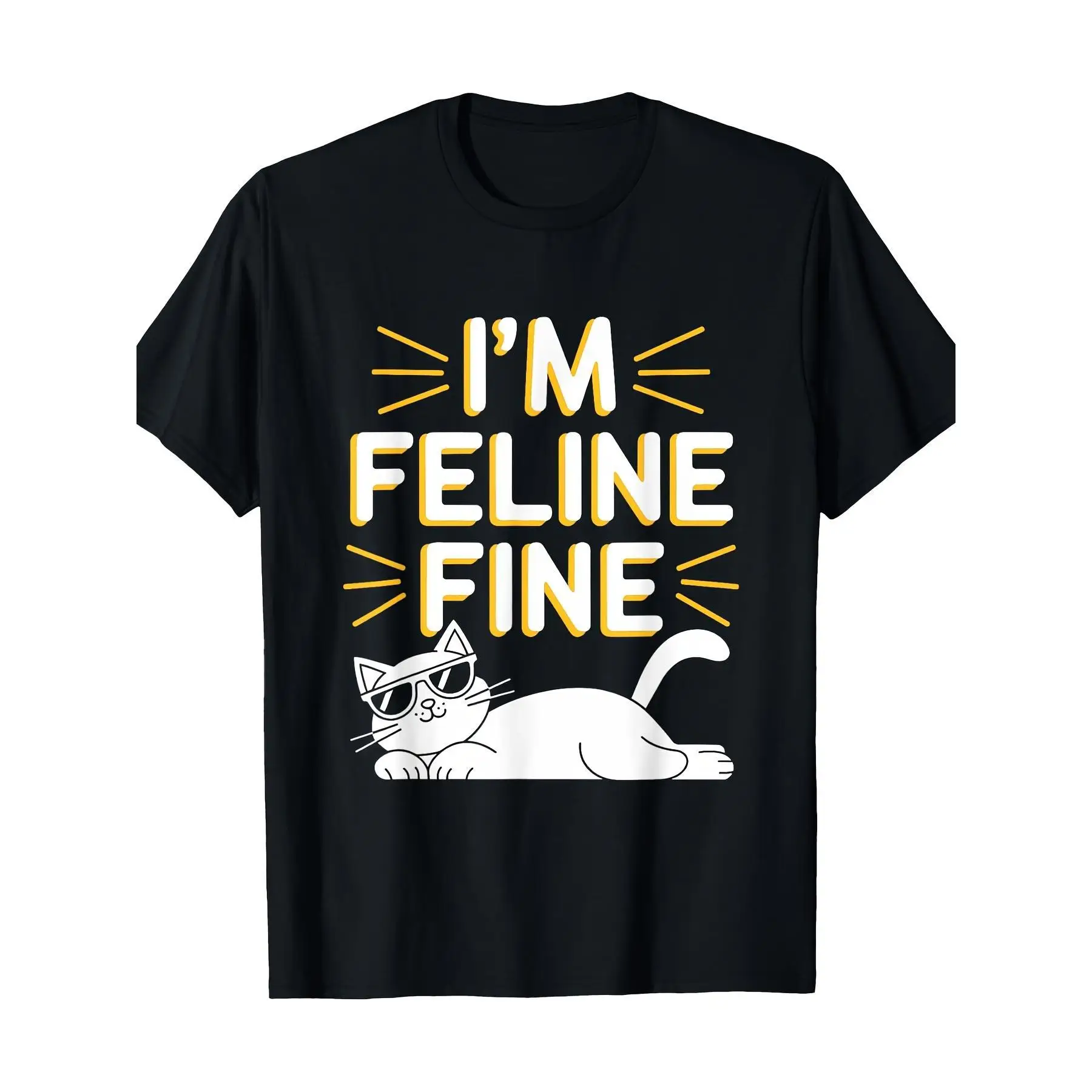 

Funny Cat Lover T-Shirt - 'I'm Feline Fine' Humorous Design, Short Sleeve, Black With Yellow Lettering, Casual Fit For Women