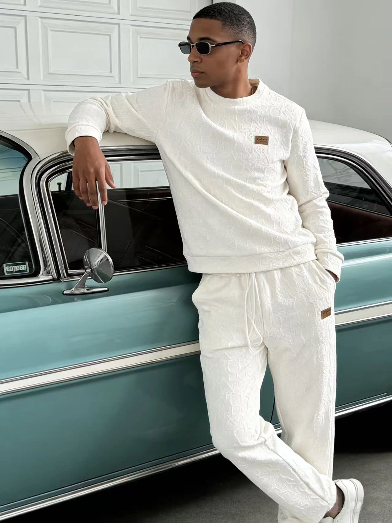 

European American new men jacquard round neck long sleeve trousers suit slim fit S-3XL leisure travel